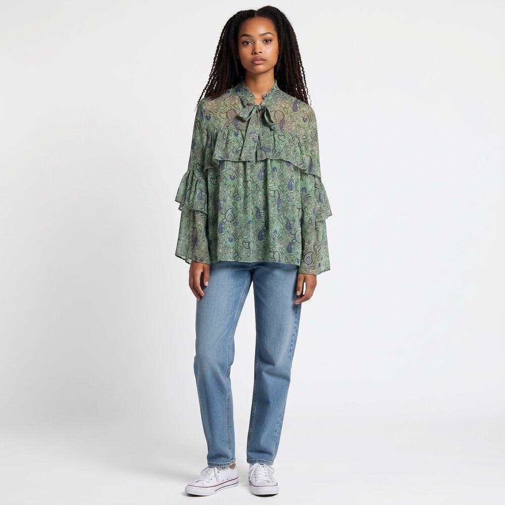 Lucky Brand Womens Blouse XL Boho Green Paisley Ruffle Peasant Bohemian Hippie